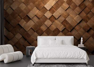 Diagonal lined up wooden cubes or blocks randomly shifted surface background texture, empty floor or wall hardwood wallpaper, 3D illustration Wall mural