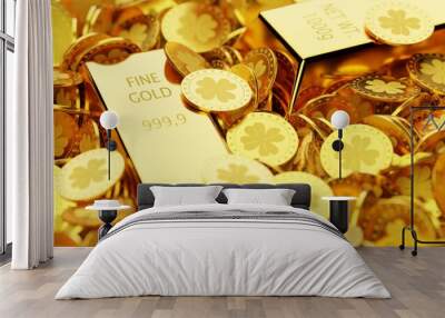 Heap of gold money coins and gold bars, ingots or bullions with selective focus, wealth, savings or finance concept Wall mural