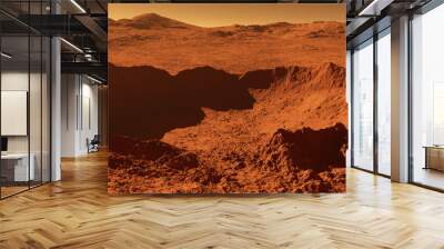 mars - red planet - landscape with huge crater from impact and mountains in the distance Wall mural