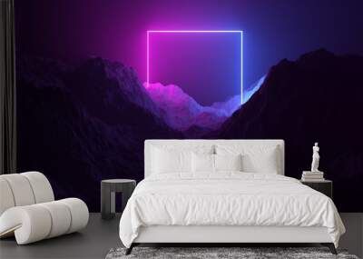 Mountain terrain landscape with pink and blue neon light glowing rectangle square frame, retro technology or futuristic alien background template Wall mural