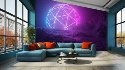 Mountain terrain landscape with pink and blue neon light glowing triangle sphere wireframe frame, retro technology or futuristic alien background template Wall mural