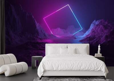 Mountain terrain landscape with pink and blue neon light glowing twisted square frame, retro technology or futuristic alien background template Wall mural