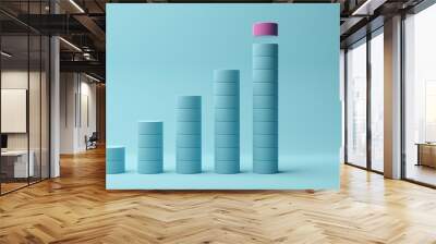 Pink cylinder on rising bar graph of blue cylinders on blue background, abstract modern minimal success, growth, progress or achievement concept Wall mural