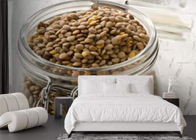 Raw, dry, uncooked brown lentil legumes in glass storage jar on white wood table background Wall mural