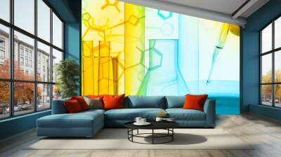 Researcher with petri dish and science lab glass equipment over structural chemical formula - research or science concept Wall mural