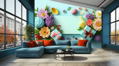 Women's Day and Mother's Day celebrations background banner in blue color with copy space, backdrop with flowers and gift boxes for a sales campaign, Generative AI Wall mural