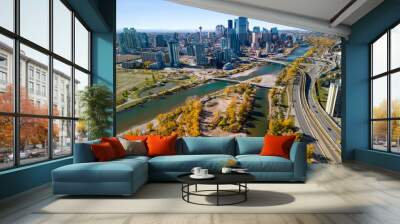 Downtown Calgary skyline and Bow River in autumn season. Aerial view of City of Calgary, Alberta, Canada. Wall mural