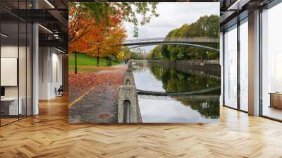 Fall foliage in Ottawa, Ontario, Canada. Rideau Canal Eastern Pathway autumn red leaves scenery. The Corktown Footbridge. Wall mural