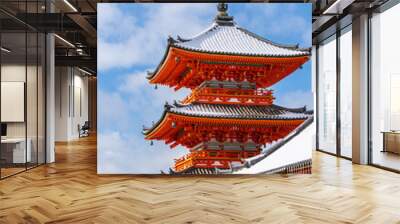 Kiyomizu-dera Temple Sanjunoto (Three Story Pagoda)  with snow on the roof in winter. Kyoto, Japan. Wall mural