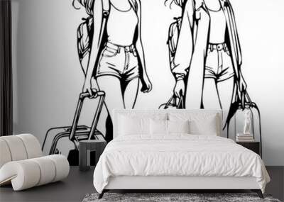 Two Girls Traveling with Luggage. Wall mural