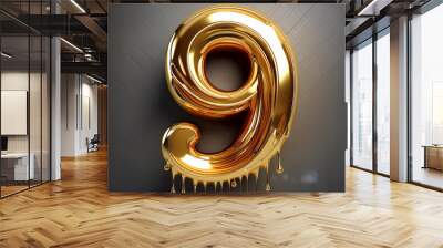 number 9 in golden drip effect, shiny metallic, logo, hyper realistic, ultra detailed, high resolution, 3d rendering Wall mural