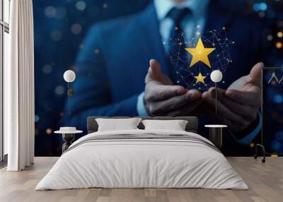 concept of providing a five-star premium service. businessman showing award High standards are guaranteed, service quality, business success, work efficiency, top quality assurance five stars. Wall mural