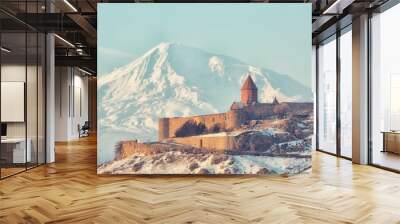 Ancient Armenian church Khor Virap with Ararat close up, Armenia Wall mural