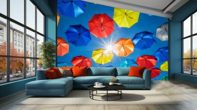 Street decorated with colored umbrellas close up Wall mural