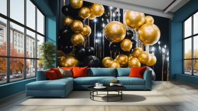 A beautiful photo zone of round golden and black balls on the background of the wall. Wall mural