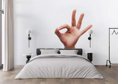 Hand ok sign. The hand came out into the hole and shows symbol of fine. Copy space. Wall mural