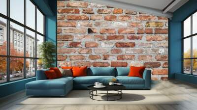 Red brick wall texture background. Old weathered surface. The concept of erosion. Wall mural