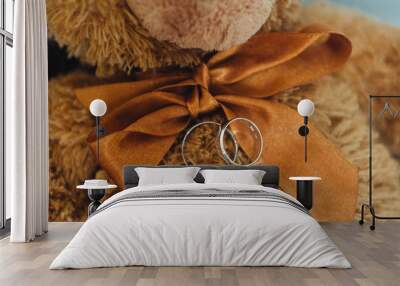 Wedding silver rings close up lie on a woolen toy bear. Photography, concept. Wall mural