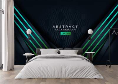 Abstract modern dark background with light green blue gradient lines. Wall mural