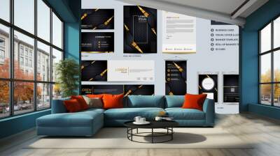 Luxury black gold stationery mock up set and visual brand identity with abstract overlap layers background. Wall mural