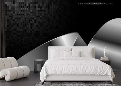 Modern 3d dark background with abstract metallic silver shape design. Wall mural