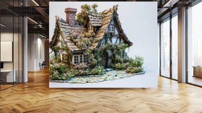 A 3D printed model of a quaint cottage with a thatched roof, flowering vines, and a stone pathway, showcased on a solid white background to capture its storybook charm. Wall mural