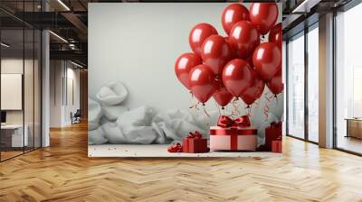 Red gift boxes and balloons on a white background. 3d rendering Wall mural