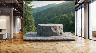 Photo flat small stone podium on rock platform 3d illustration gray rock pedestal for product display green forest and blue horizon on the background natural scenery landscape soft daily light Wall mural