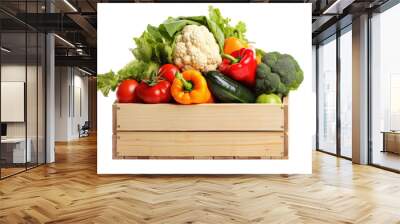 Fresh vegetables in wooden crate isolated on transparent background Wall mural