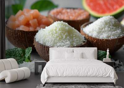 Organic coconut flour, fresh fruits and leaf on light grey table, closeup. Made with generative ai
 Wall mural