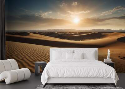 A desert landscape with sand dunes and a hot sun overhead Wall mural