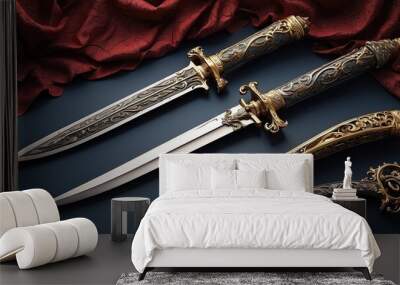 knife,Realistic depiction of a sword and dagger, featuring gleaming blades and detailed engravings, capturing the essence of ancient weaponry Wall mural