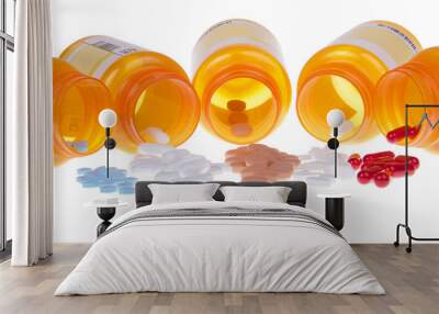 five prescription bottles lined up on their sides spilling medication pills out onto a white table s Wall mural