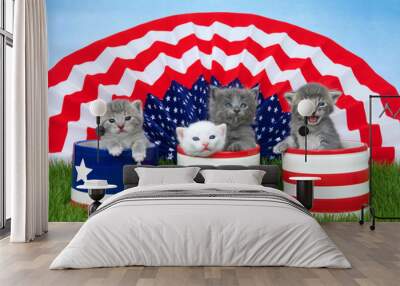 Four small fluffy kittens sitting in patriotic designed pots on green grass, American flag banner in background blue sky behind. Wall mural