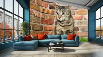 Portrait of one brown and black tabby cat crouched nervously in grass looking to viewers left. Brick wall background. Wall mural