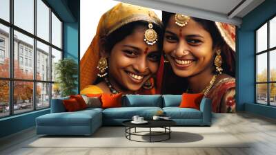 A Fictional Character Created By Generative AI.Closeup Image of Happy Young Indian Women Portrait with Elegant Jewellery in Ethnic Outfit. Generative Ai. Wall mural