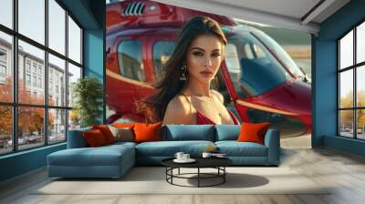 Beautiful woman in red dress posing in front of a helicopter Wall mural