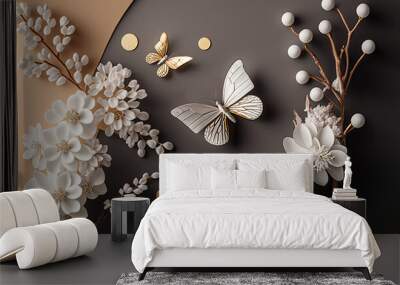 luxurious background with flowers, leaves and butterflies. ai-generated. Wall mural