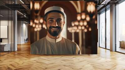 Smiling Muslim man wearing a white hat and traditional clothing Wall mural