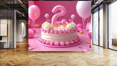 Two years old birthday cake with pink and white frosting and sprinkles Wall mural