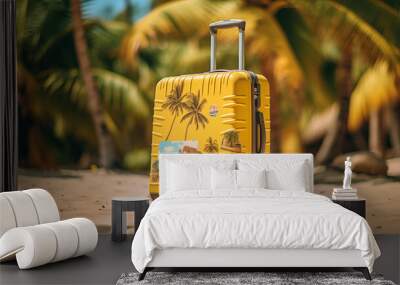 A big yellow travel suitcase, gleaming under the sunlight, adorned with travel stickers from various destinations, casting a long shadow on a sandy beach, Wall mural