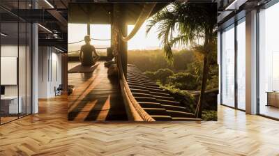 tropical open yoga studio place with people and a view outside to the ocean while sunset Wall mural