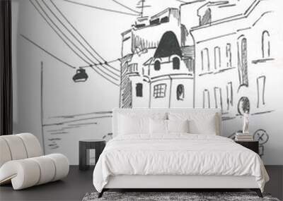 city landscape, houses, sketch, house roof, ink drawing Wall mural