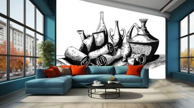 still life with jugs and scrolls, black and white sketch Wall mural