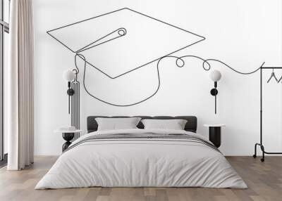 Continuous cap one line art drawing of graduation hat concept outline vector Wall mural