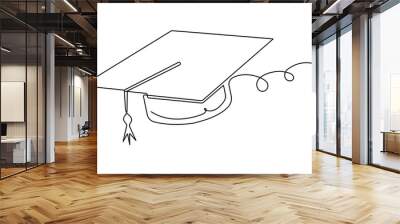 Continuous cap one line art drawing of graduation hat concept outline vector Wall mural