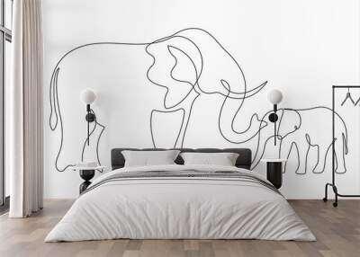 Continuous single one line drawing of baby elephant and mom wildlife animal outline vector illustration

 Wall mural