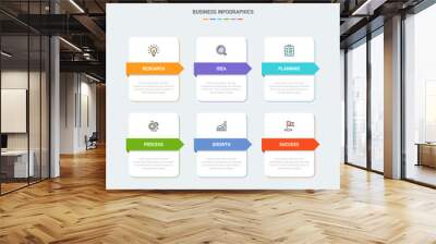 6 clean infographic design shaped elements template, symbolizing the six stages of business strategy and progression. Progress bar or timeline. Vector for presentation, web site or app. Wall mural