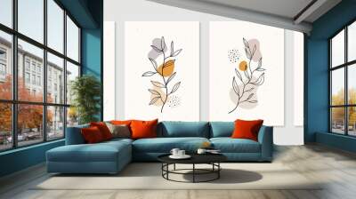 Botanical wall art vector set. Minimal and natural wall art. Boho foliage line art drawing with abstract shape. Abstract Plant Art design for print, wallpaper, cover. Modern vector illustration. Wall mural