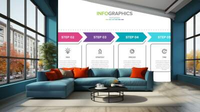 Concept of arrow business model with 6 successive steps. Six colorful rectangular elements. Timeline design for brochure, presentation. Infographic design layout. Wall mural